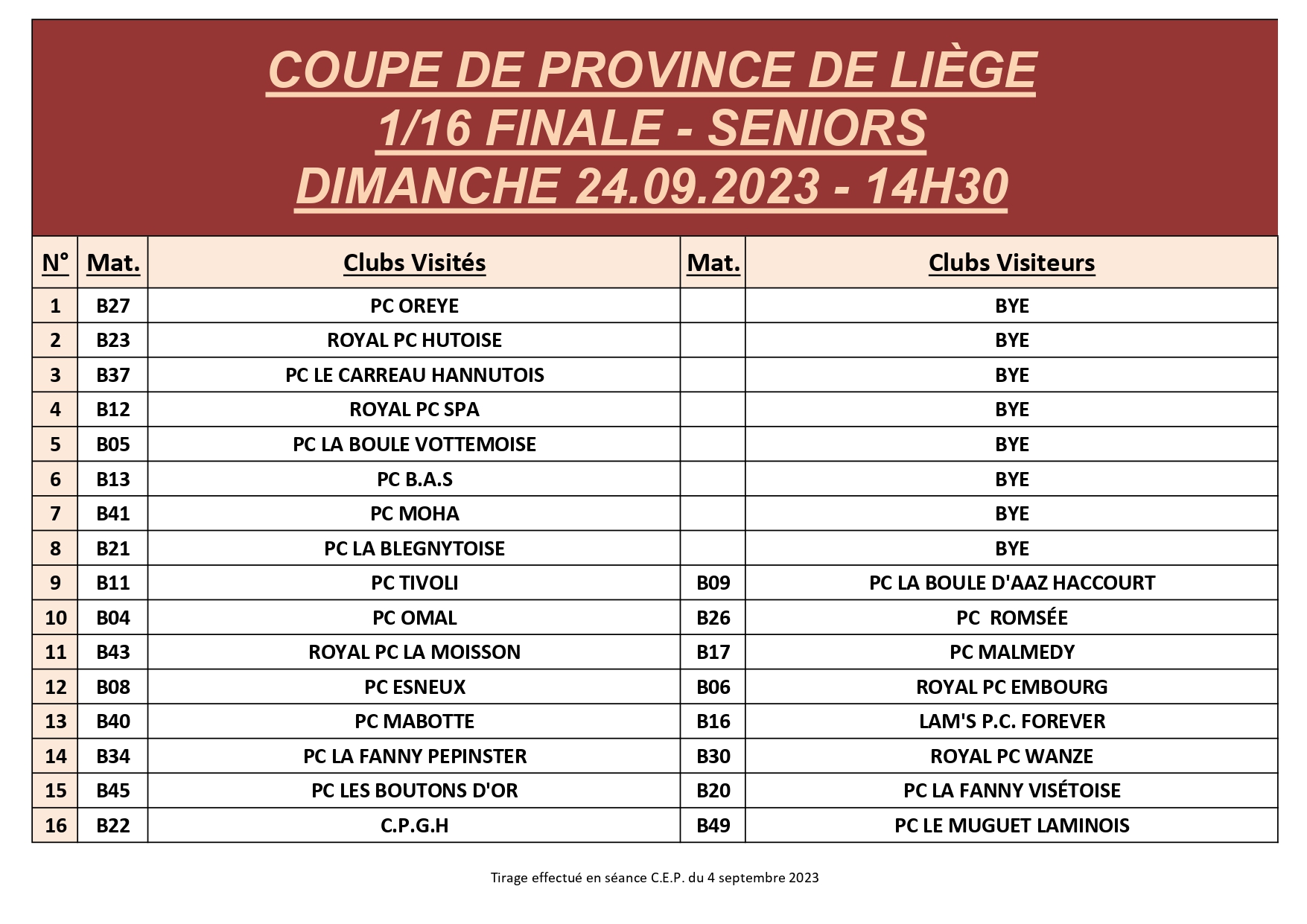 TIRAGE 1 16 finale SENIORS Coupe de Province 2023 2024