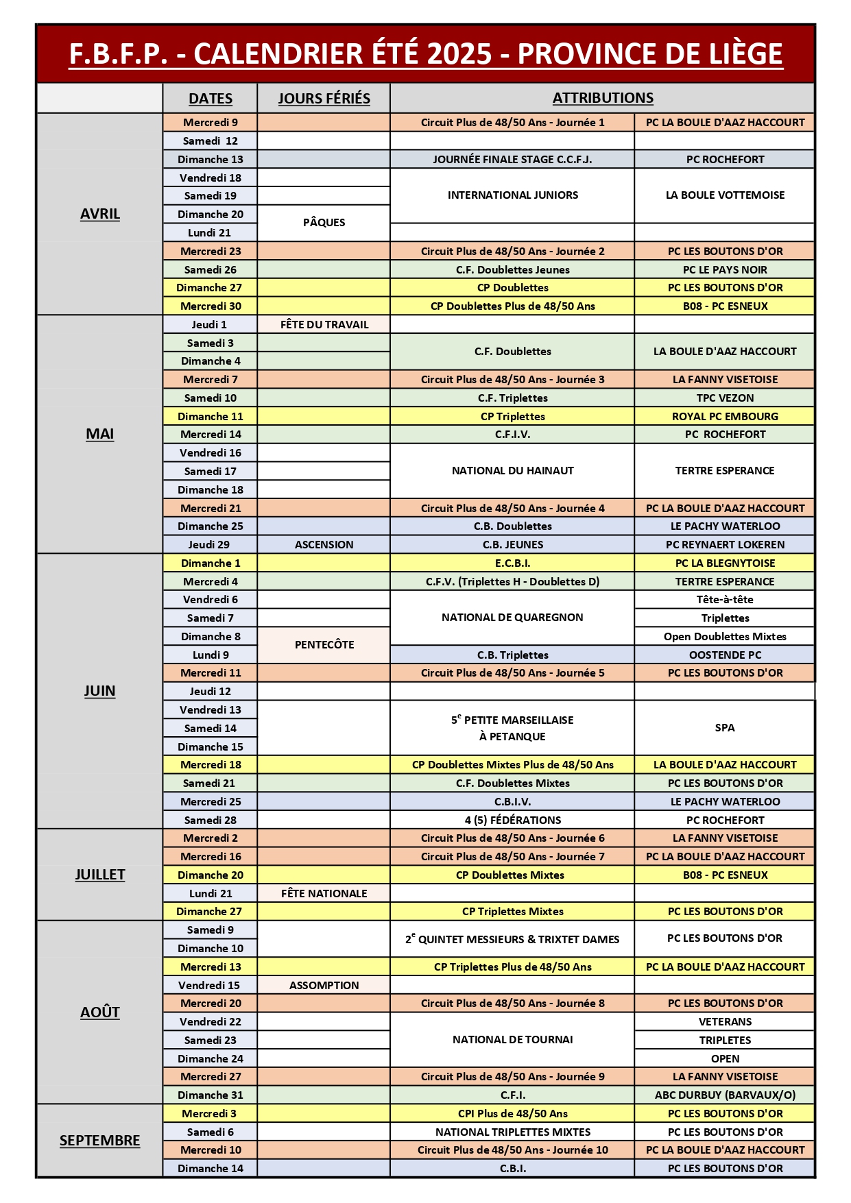 FBFP   Calendrier 2025   Province de Liège