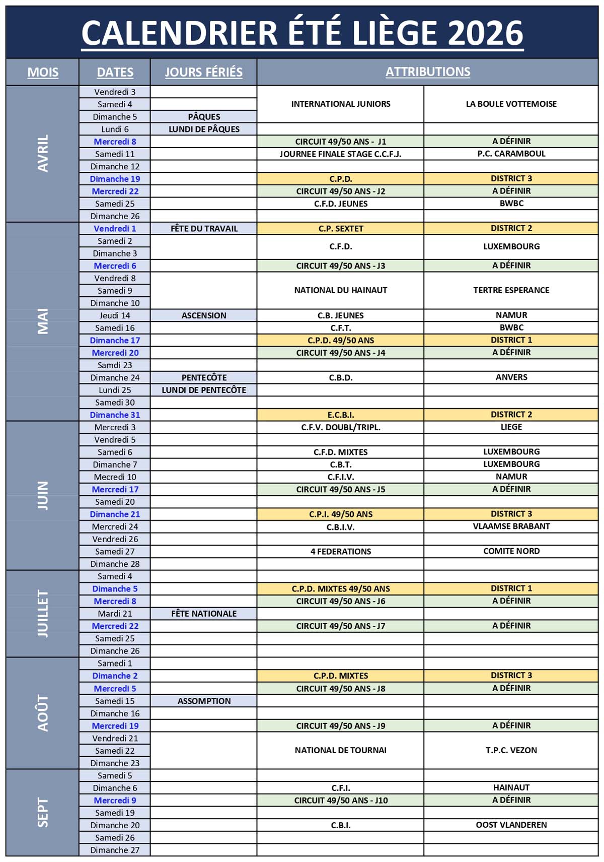 FBFP Calendrier 2026 Province de Liège